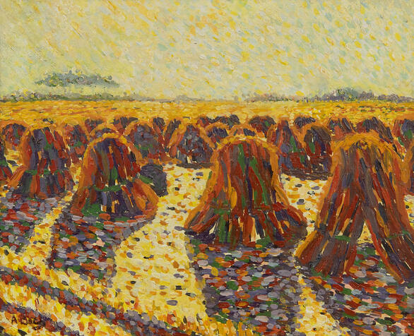 *Korenschoven in de zon* is een olieverf op paneel van Anna Boch, een Belgische impressionistische schilder van landschappen en stillevens.