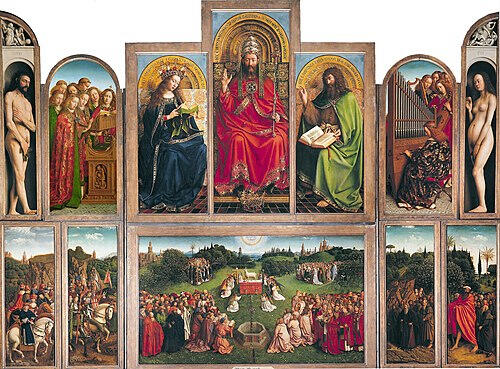 *Het Lam Gods* is een polyptiek. Het is een kunstwerk, meestal een schilderij op paneel, dat uit meer dan drie delen bestaat. Het was door de Van Eyck broers geschilderd, Jan en Hubert. Deze polyptiek staat in de Sint-